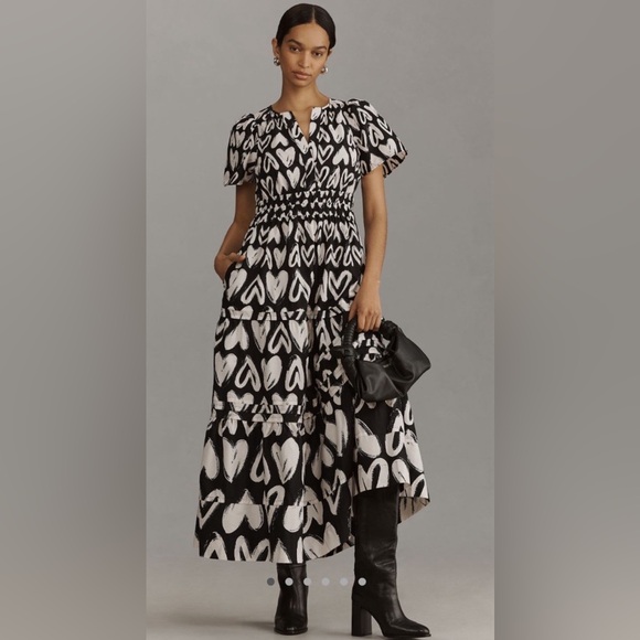 NWT Anthropologie Somerset Maxi Dress Heart Print Black White Poplin Medium - Picture 2 of 11
